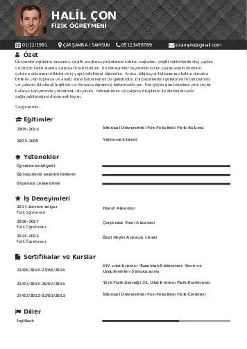 Fizik Öğretmeni CV Örnekleri cv indir